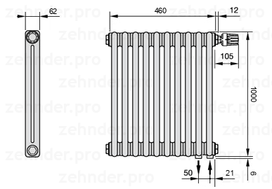 Схема (чертеж) Радиатор Zehnder Charleston 2100/10 №V002 Белый глянцевый RAL 9016